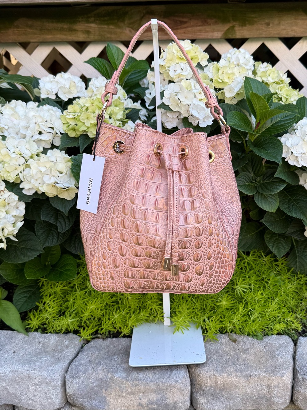 Brahmin Melinda Croc Embossed Rose Gold Melbourne Bucket Shoulder Crossbody Bag - Picture 12 of 12